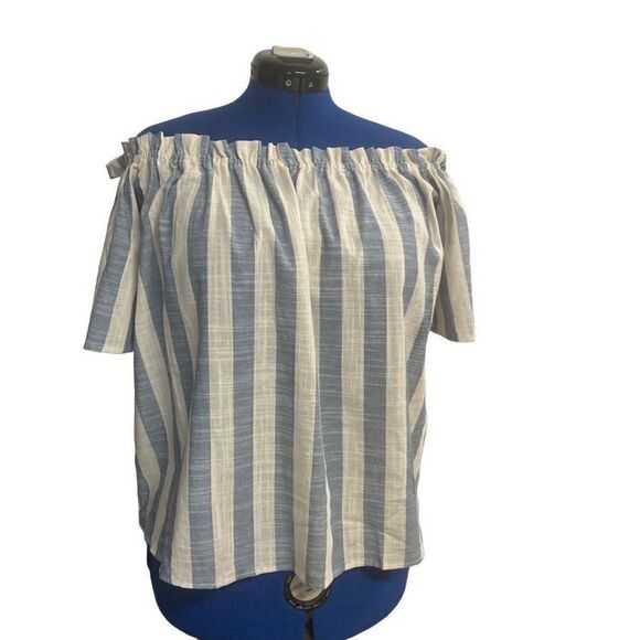 LOVE IN Women’s Off/On Shoulder Top Blue & White Striped Size Small Oversized - Picture 4 of 11